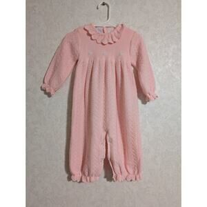 VTG Bright Future Floral Knit Romper Pink Puff Sleeve Ruffle Size 6-9 Months